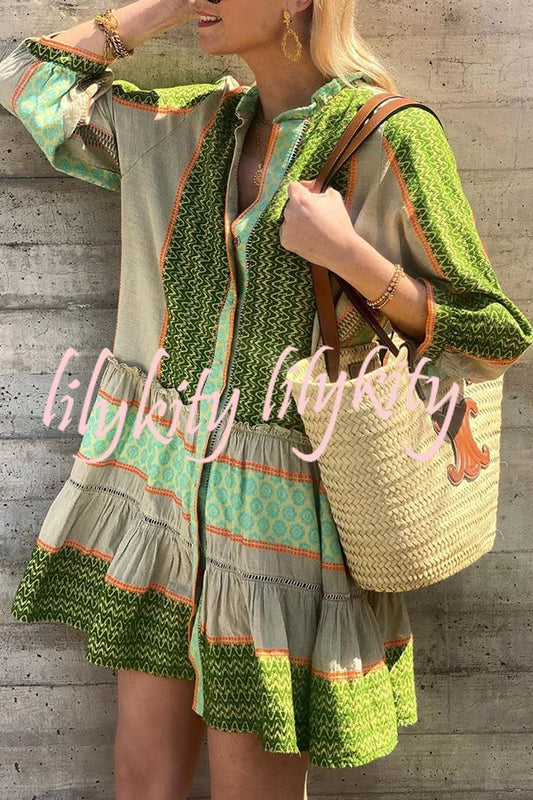 Look My Vacation Style Ethnic Print Button Loose Mini Dress